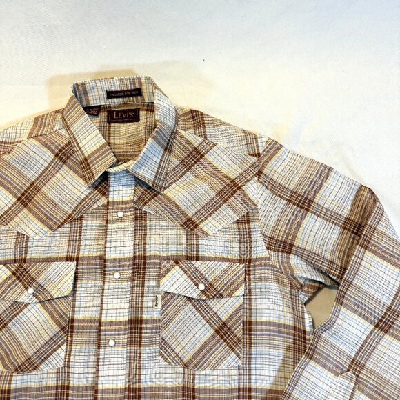 Levi's Western Shirt Large Brown Plaid Pearl Snap Gold Thread MWT - Picture 1 of 7